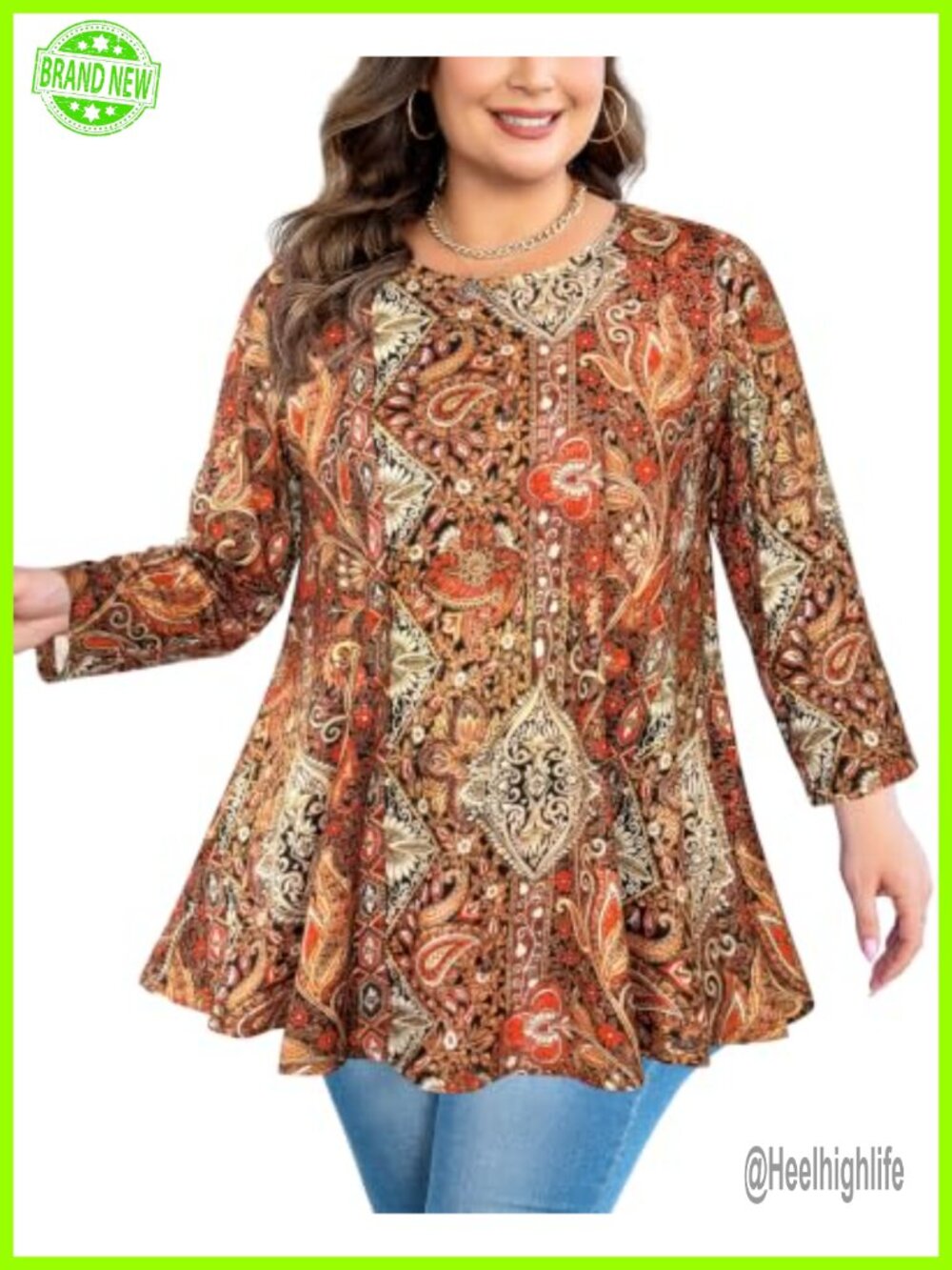 Plus Size Tunic Top 3/4 Sleeve Flowy Swing Blouse for Leggings